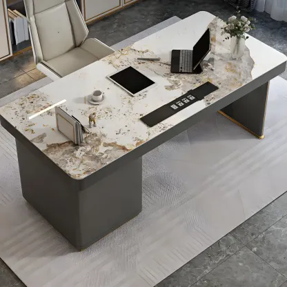 Glam Stone Top Writing Desk with Drawers and Built in Outlets Image - 1