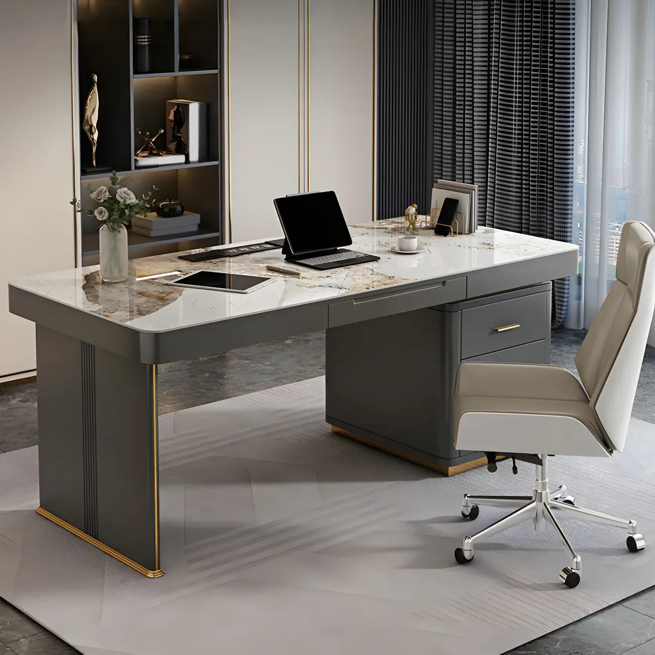 Glam Stone Top Writing Desk with Drawers and Built in Outlets Image - 2