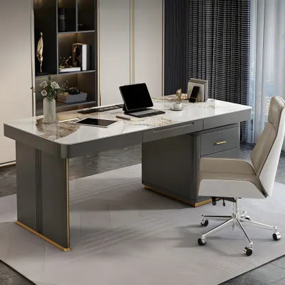 Glam Stone Top Writing Desk with Drawers and Built in Outlets Image - 2
