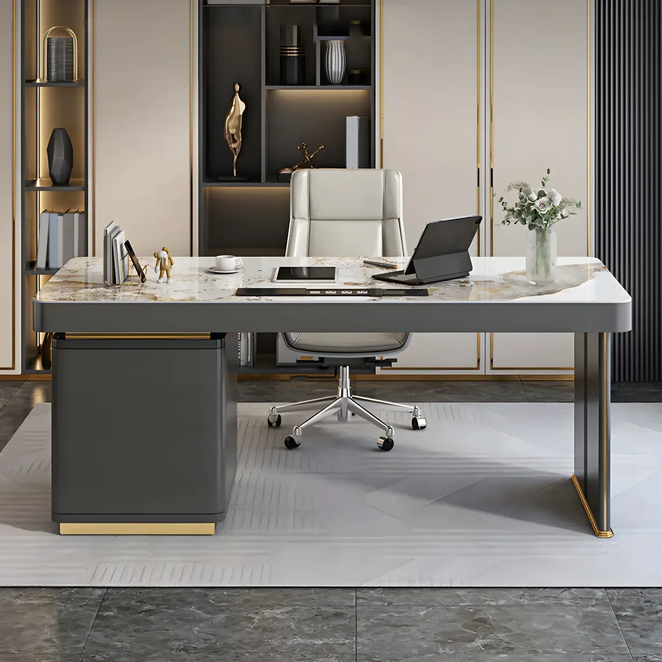 Glam Stone Top Writing Desk with Drawers and Built in Outlets Image - 3