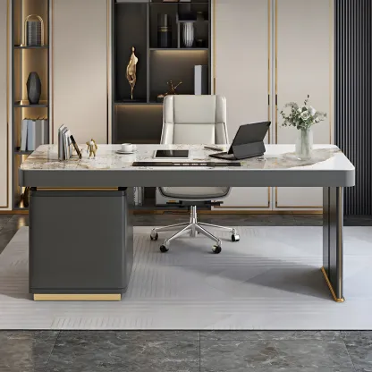 Glam Stone Top Writing Desk with Drawers and Built in Outlets Image - 3