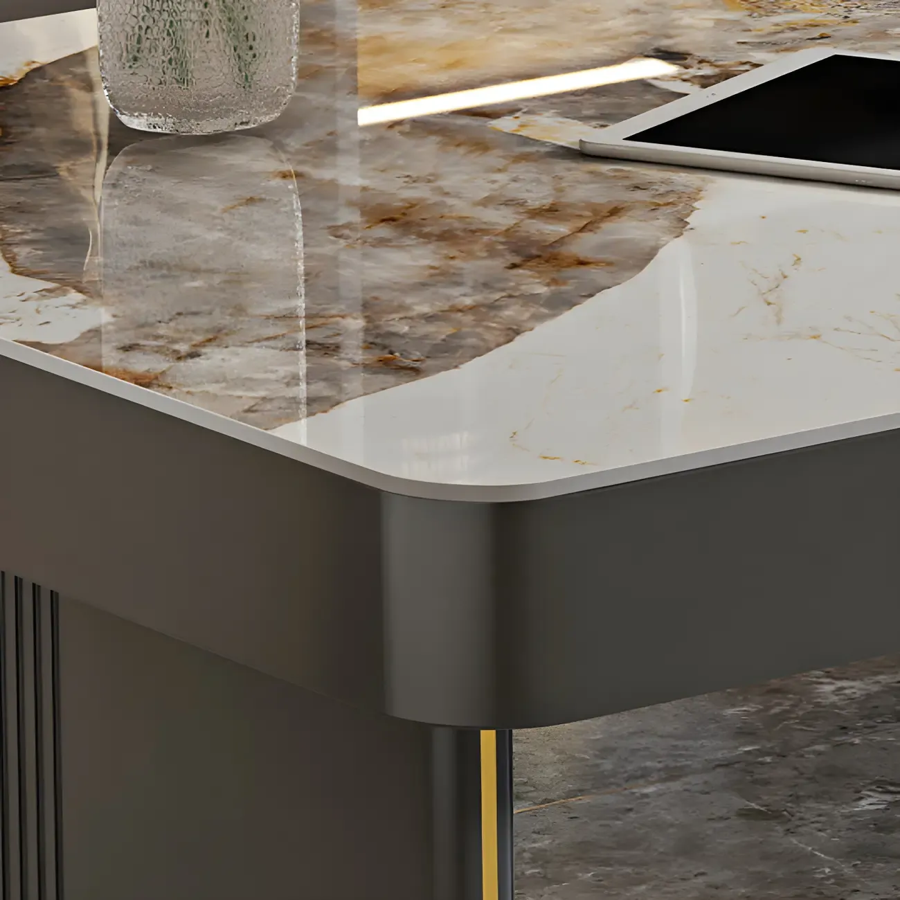 Glam Stone Top Writing Desk with Drawers and Built in Outlets Image - 4