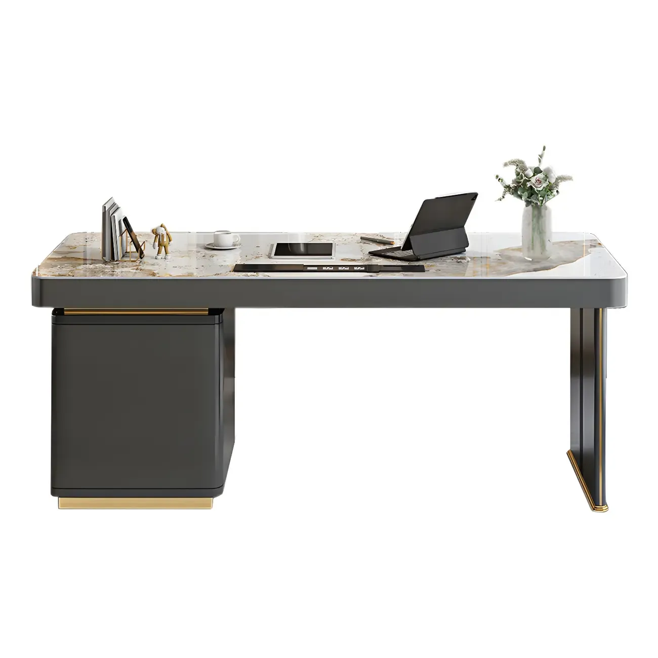 Glam Stone Top Writing Desk with Drawers and Built in Outlets Image - 5