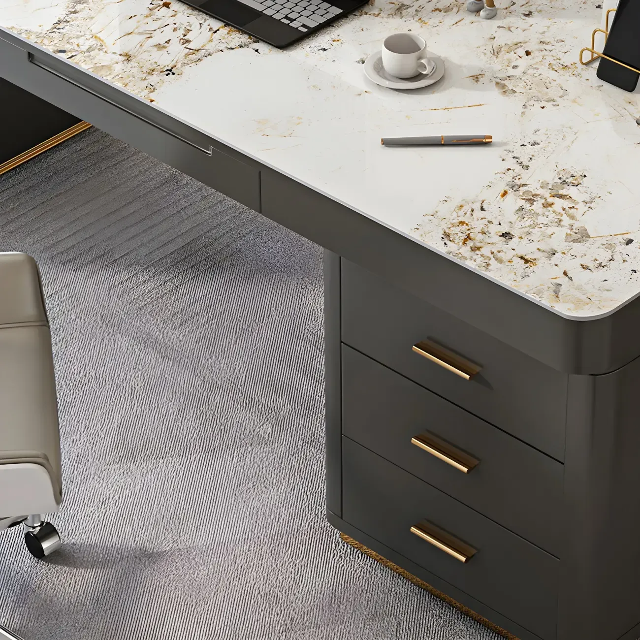 Glam Stone Top Writing Desk with Drawers and Built in Outlets Image - 8