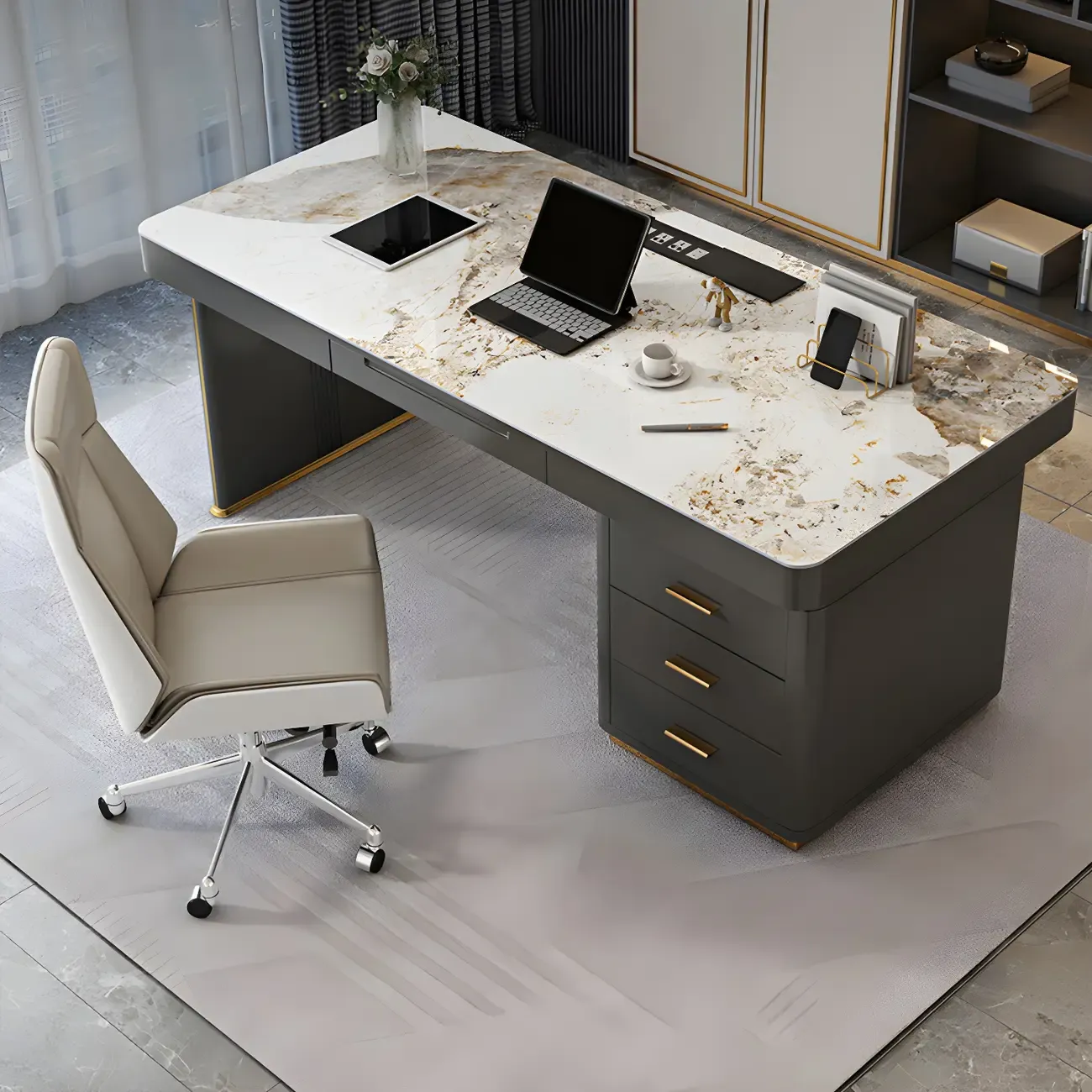 Glam Stone Top Writing Desk with Drawers and Built in Outlets Image - 10