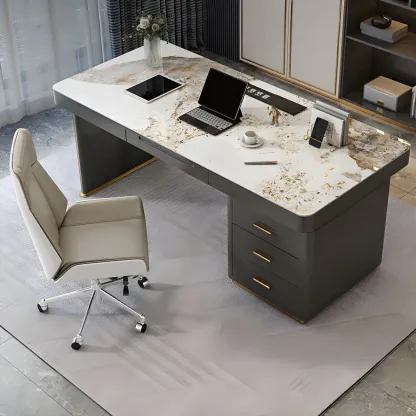 Glam Stone Top Writing Desk with Drawers and Built in Outlets Image - 10