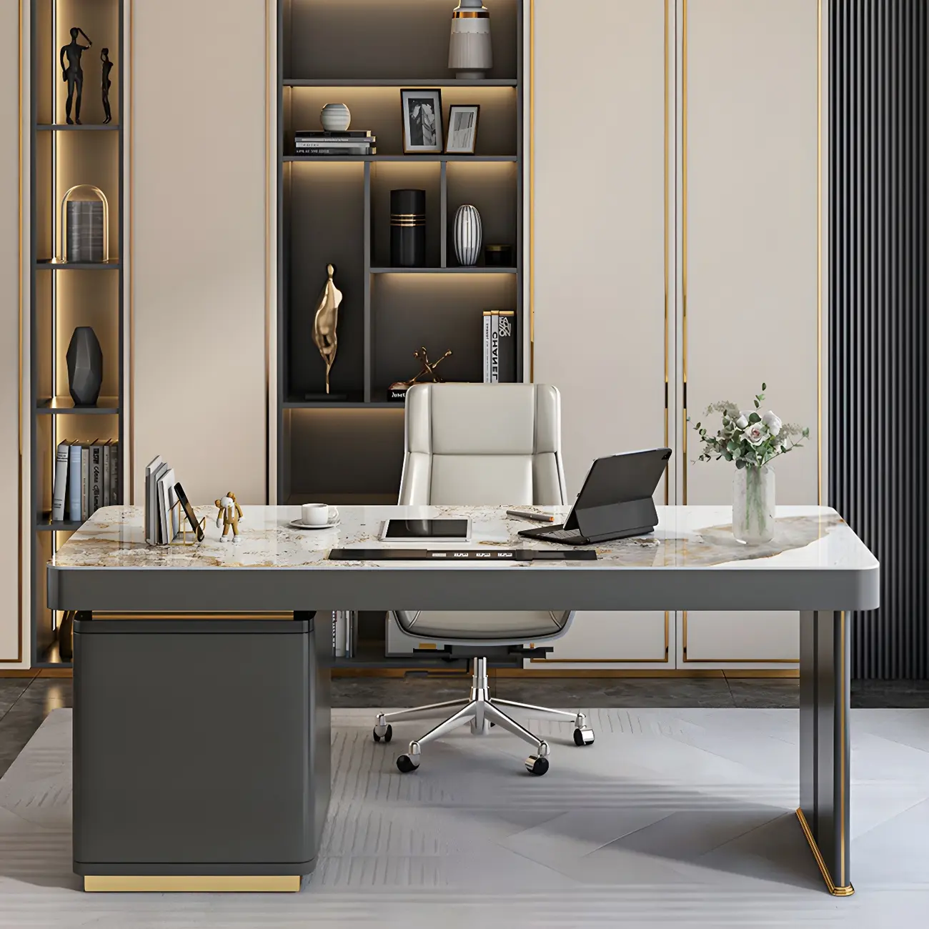 Glam Stone Top Writing Desk with Drawers and Built in Outlets Image - 11 | homeyfad