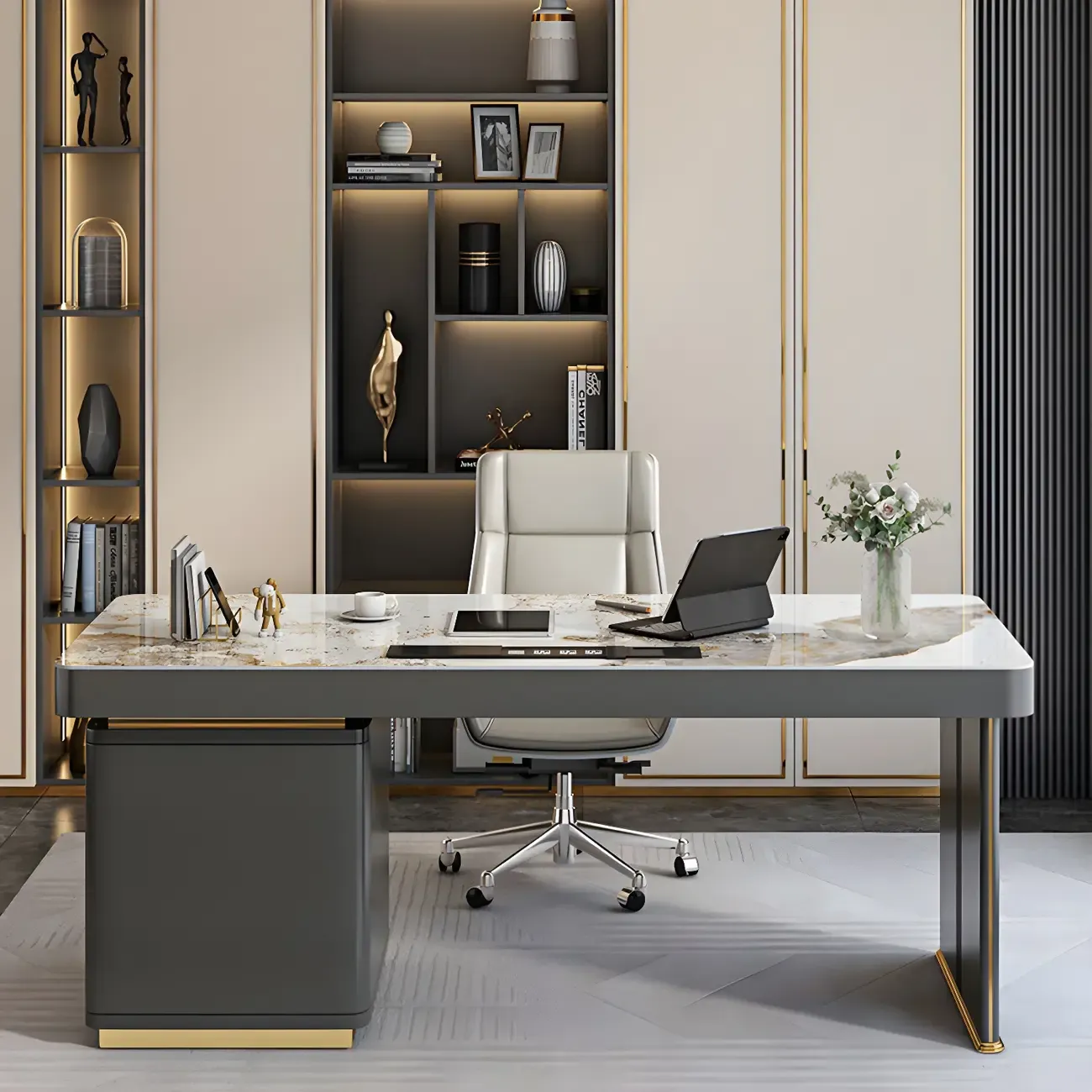 Glam Stone Top Writing Desk with Drawers and Built in Outlets Image - 11