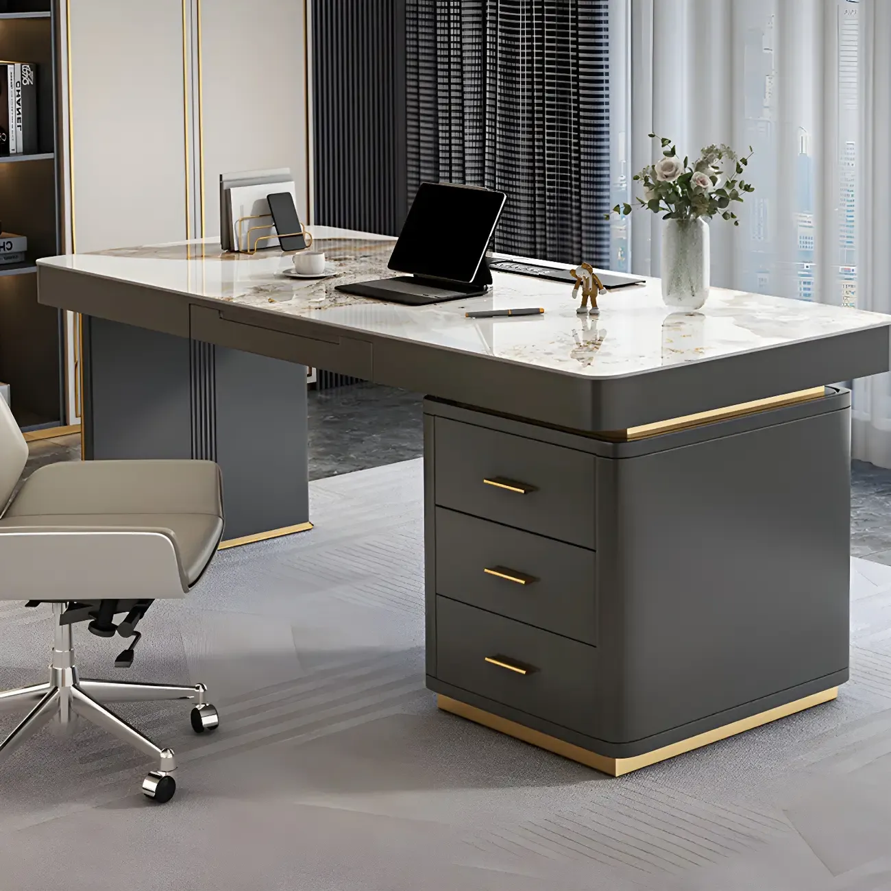 Glam Stone Top Writing Desk with Drawers and Built in Outlets Image - 12