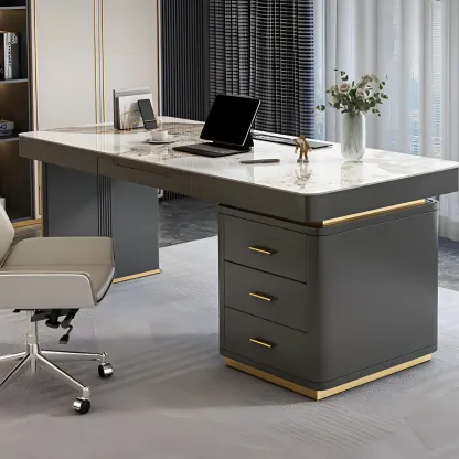 Glam Stone Top Writing Desk with Drawers and Built in Outlets Image - 12