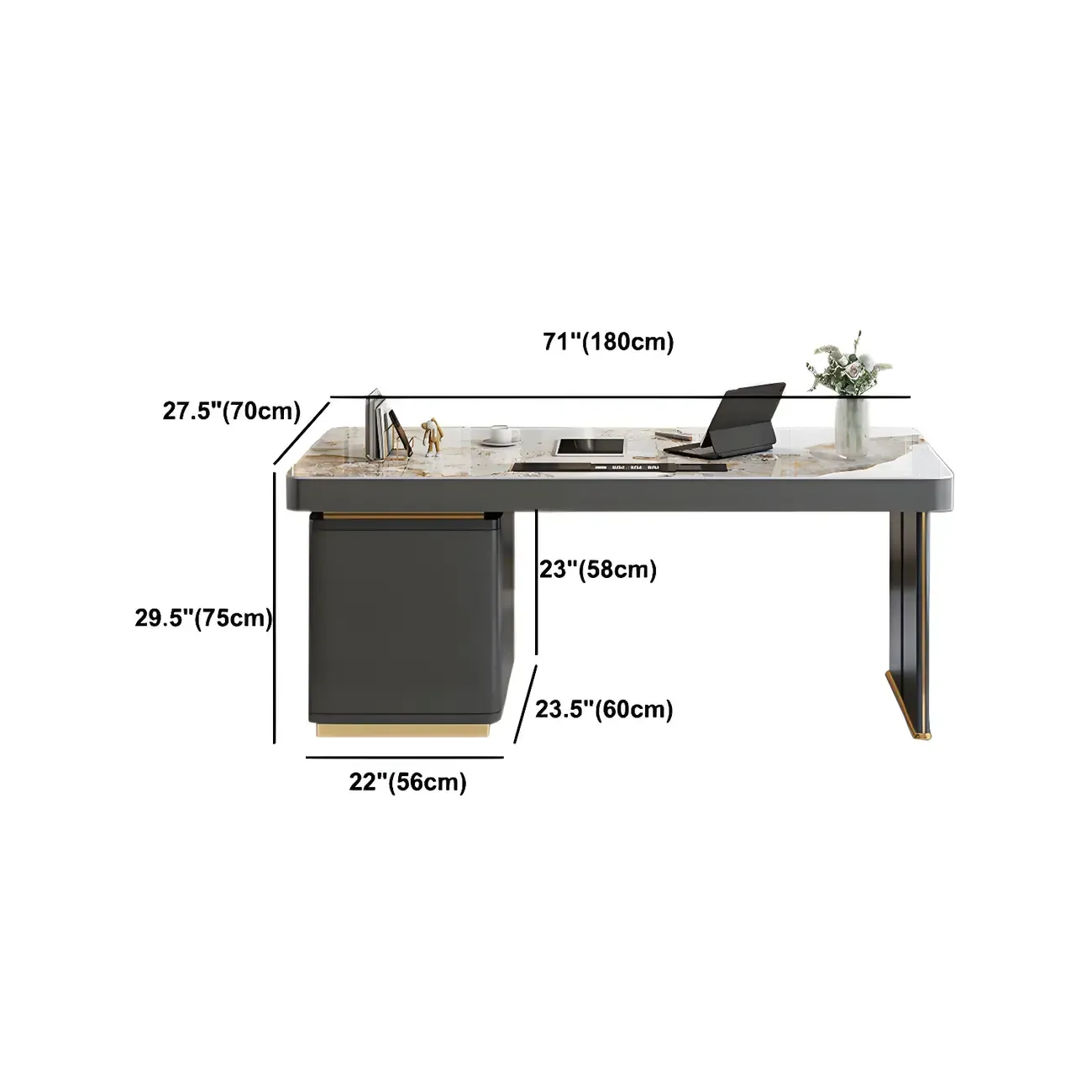 Glam Stone Top Writing Desk with Drawers and Built in Outlets Image - 15