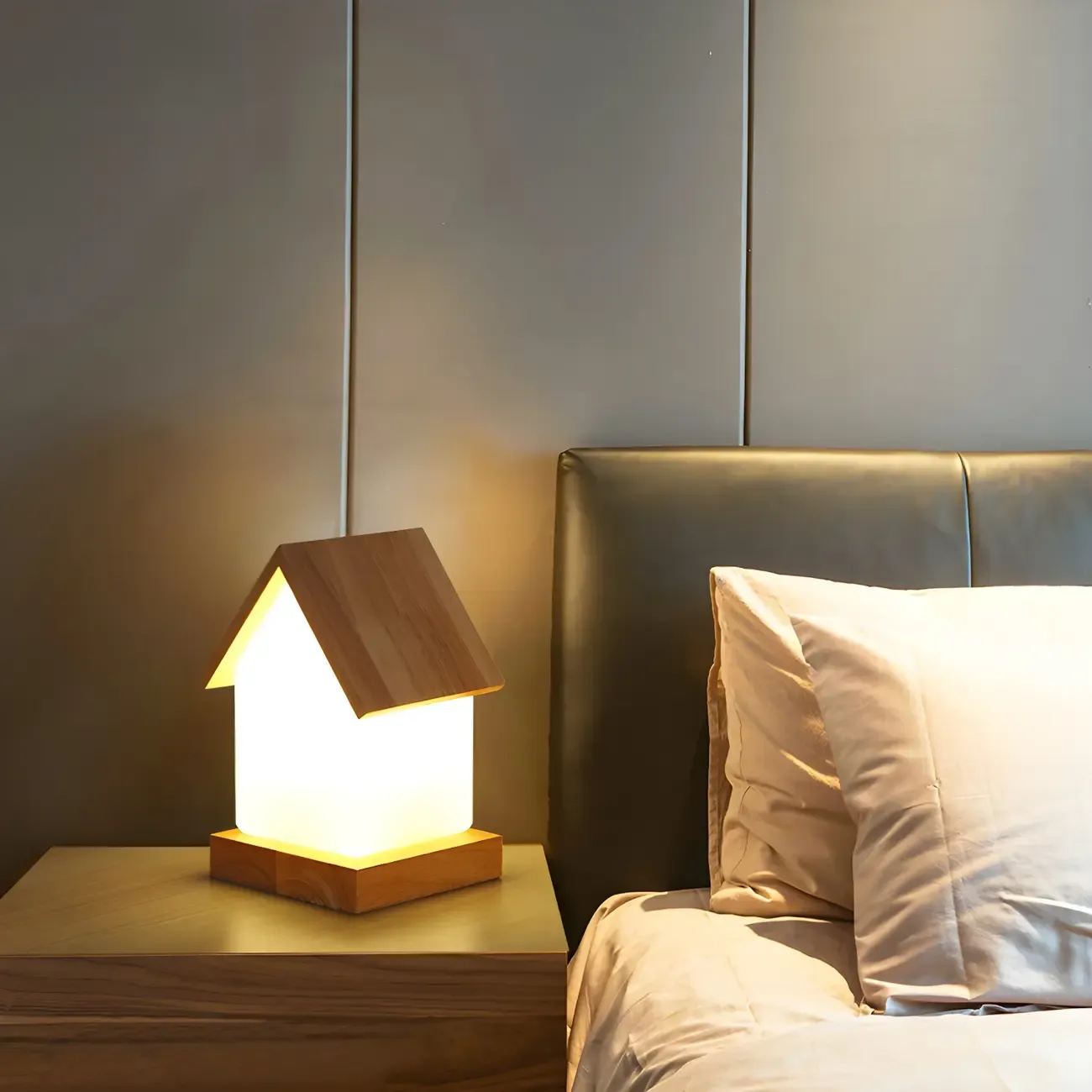 Creative House-Shaped Wooden Bedside Lamp Image - 1