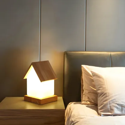 Creative House-Shaped Wooden Bedside Lamp Image - 1