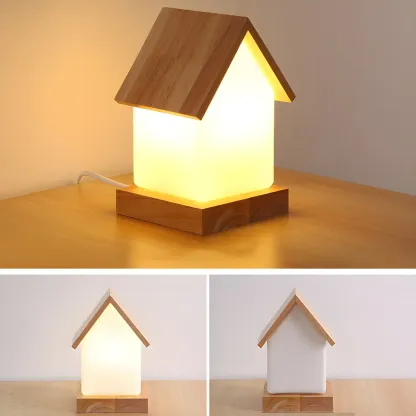Creative House-Shaped Wooden Bedside Lamp Image - 12