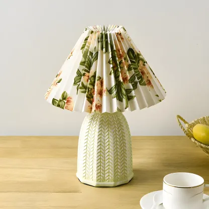 Rustic Green Ceramic Floral Pattern Shade Table Lamp for Home Image - 4