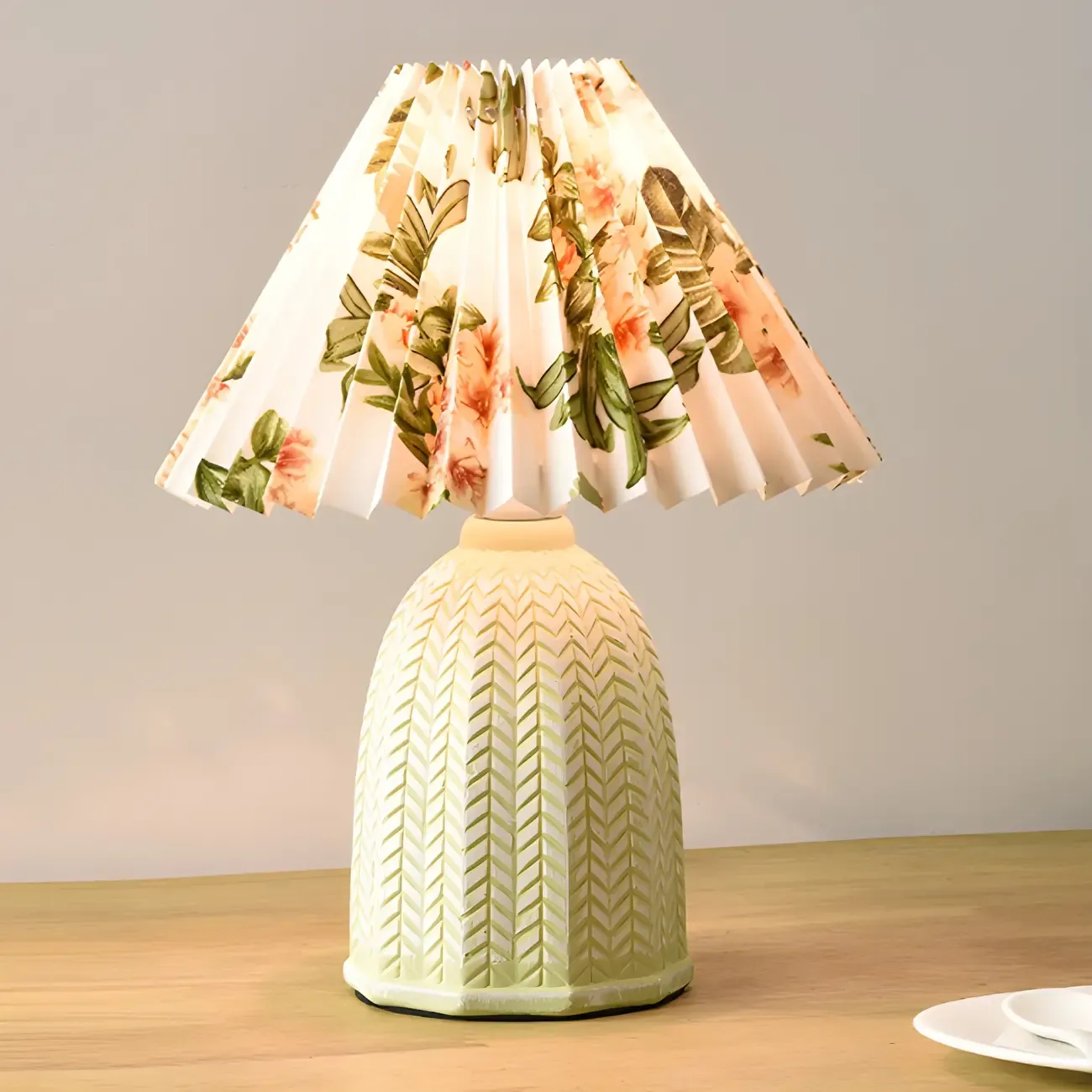 Rustic Green Ceramic Floral Pattern Shade Table Lamp for Home Image - 9