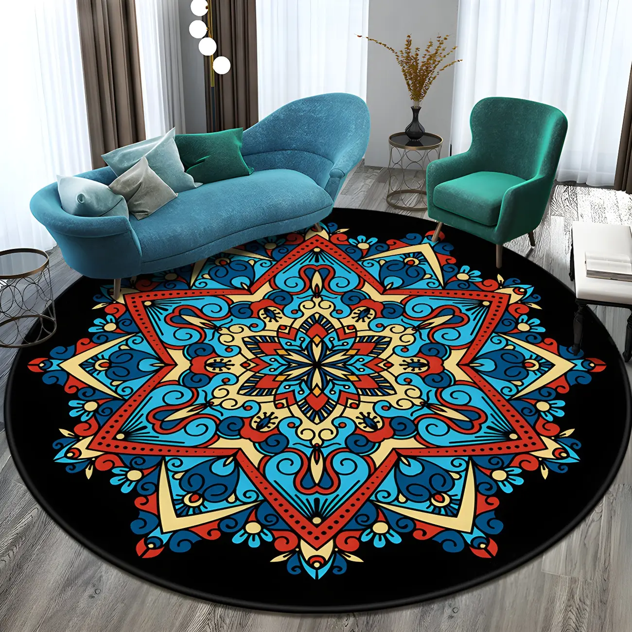 Moroccan Polyester Medallion Round Area Rug for Living Room Image - 2 | homeyfad