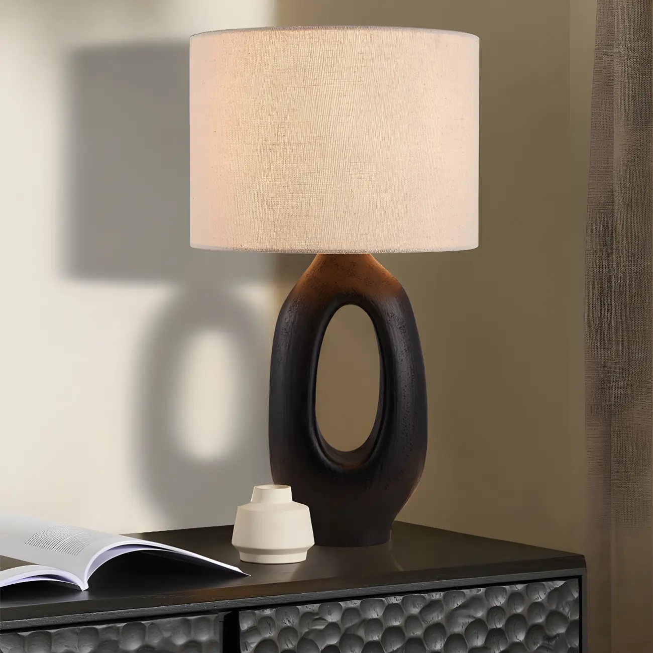 Art Deco Cylinder Shade Resin Base Table Lamp for Bedroom Image - 4 | homeyfad