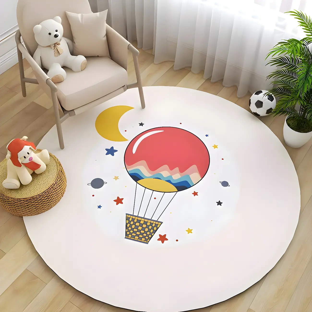Kids Round Vinyl Hot Air Balloon Pattern Area Rug in Pink Image - 1 | homeyfad
