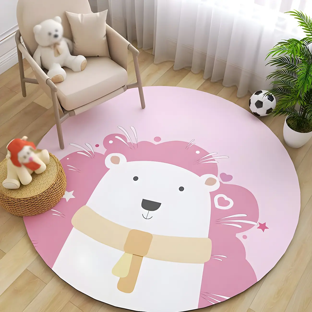 Kids Round Vinyl Hot Air Balloon Pattern Area Rug in Pink Image - 2 | homeyfad