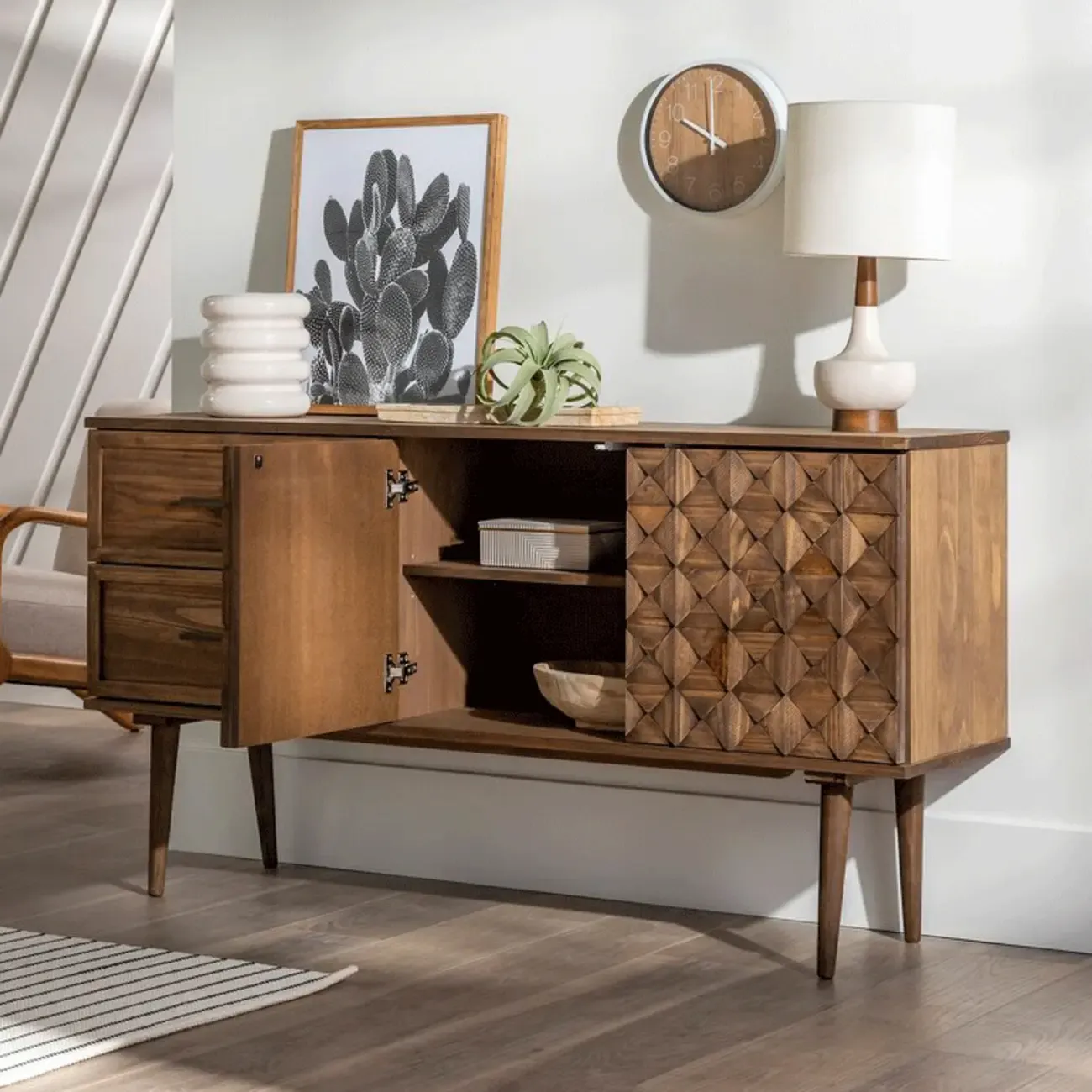 Modern Walnut Buffet Table with Drawers and Cabinets Image - 5