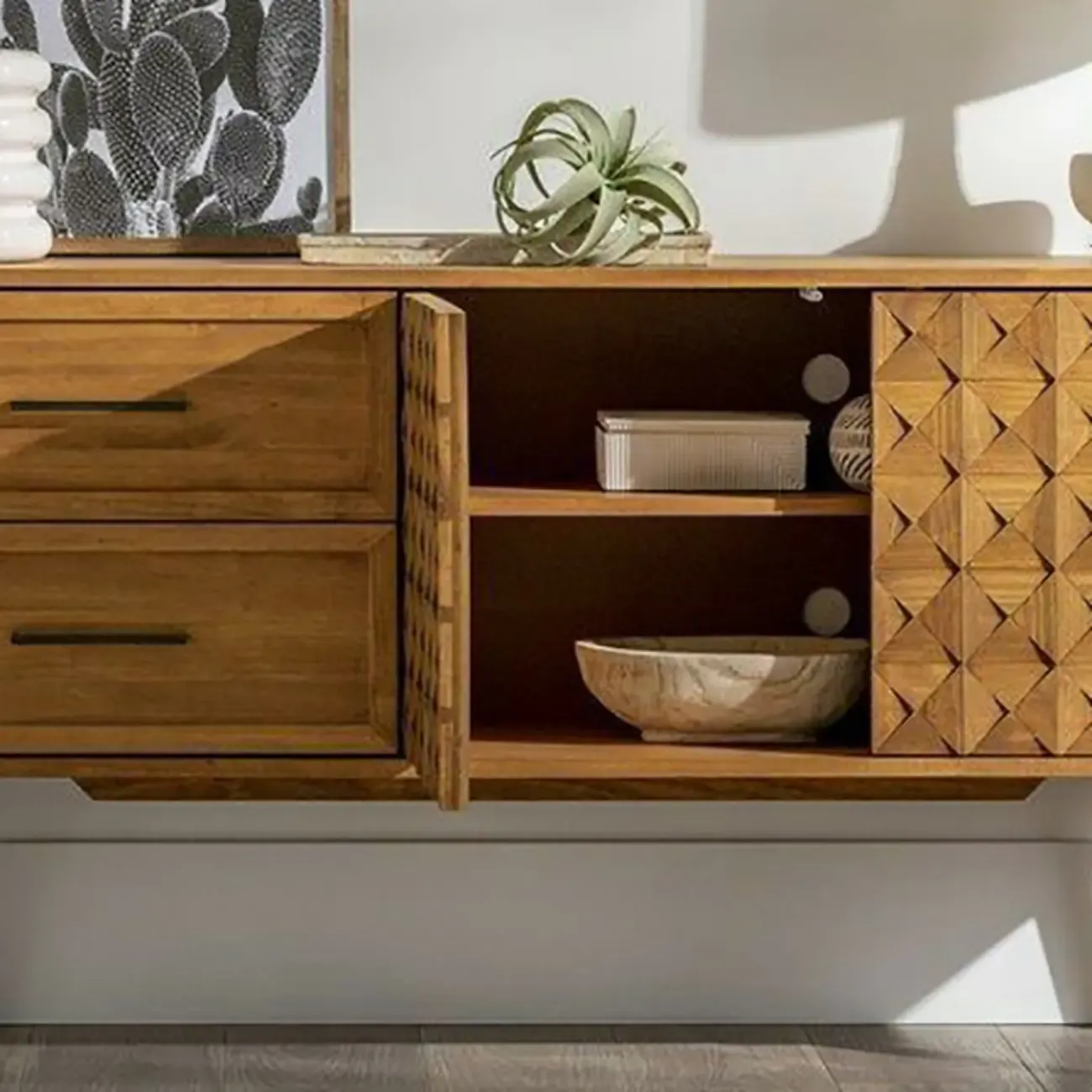Modern Walnut Buffet Table with Drawers and Cabinets Image - 11