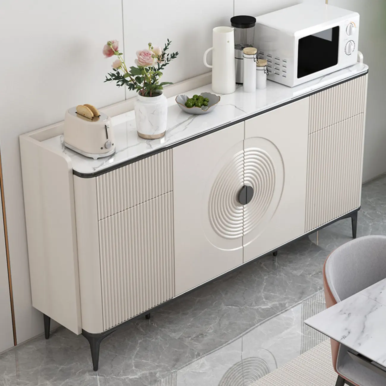 Modern White Sideboard Cabinet with Stone Top and Shelves Image - 1 | homeyfad