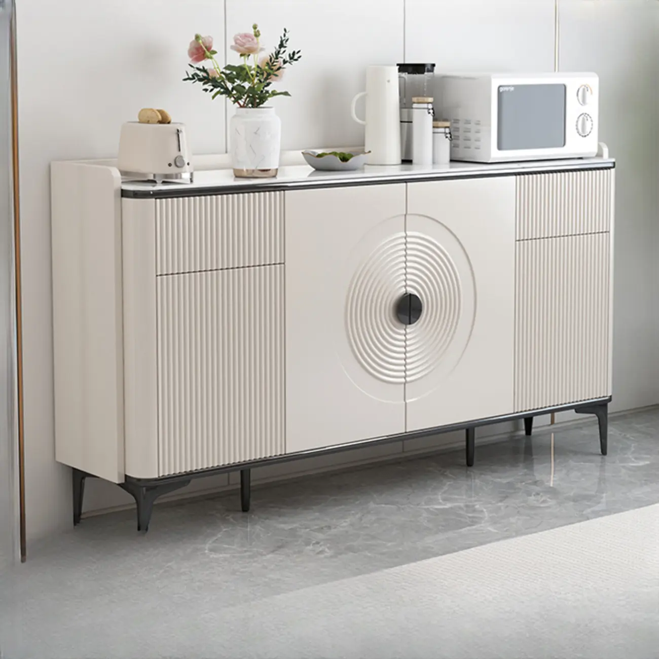 Modern White Sideboard Cabinet with Stone Top and Shelves Image - 2 | homeyfad