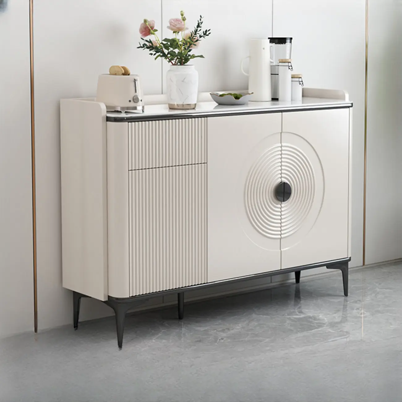 Modern White Sideboard Cabinet with Stone Top and Shelves Image - 3 | homeyfad