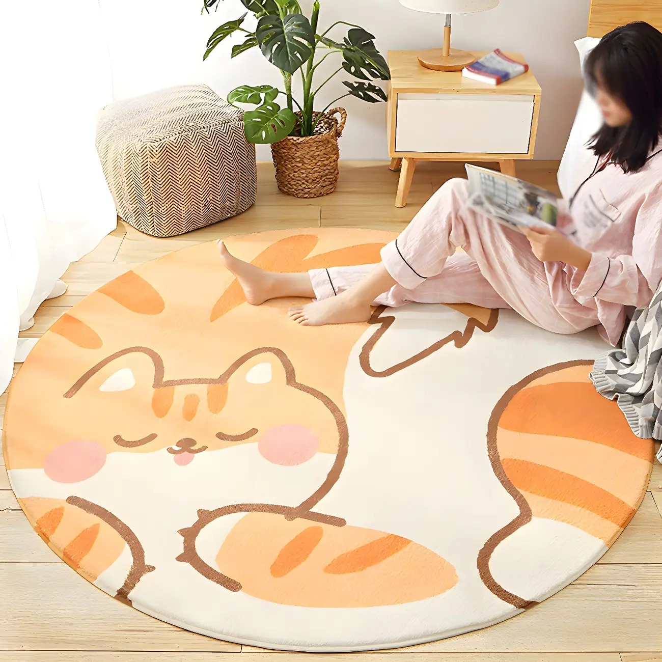 Light Orange/Grey Polyester Cat Pattern Area Rug for Kids Room Image - 1 | homeyfad