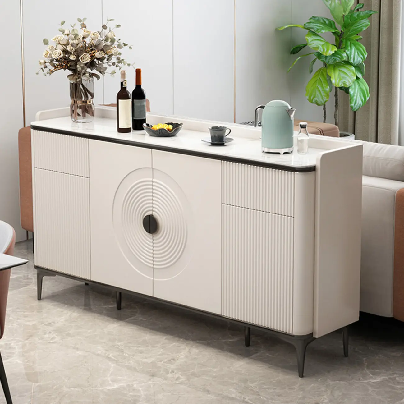Modern White Sideboard Cabinet with Stone Top and Shelves Image - 4 | homeyfad