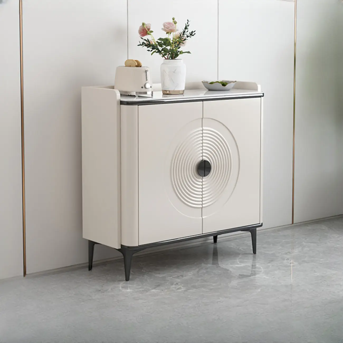 Modern White Sideboard Cabinet with Stone Top and Shelves Image - 5 | homeyfad