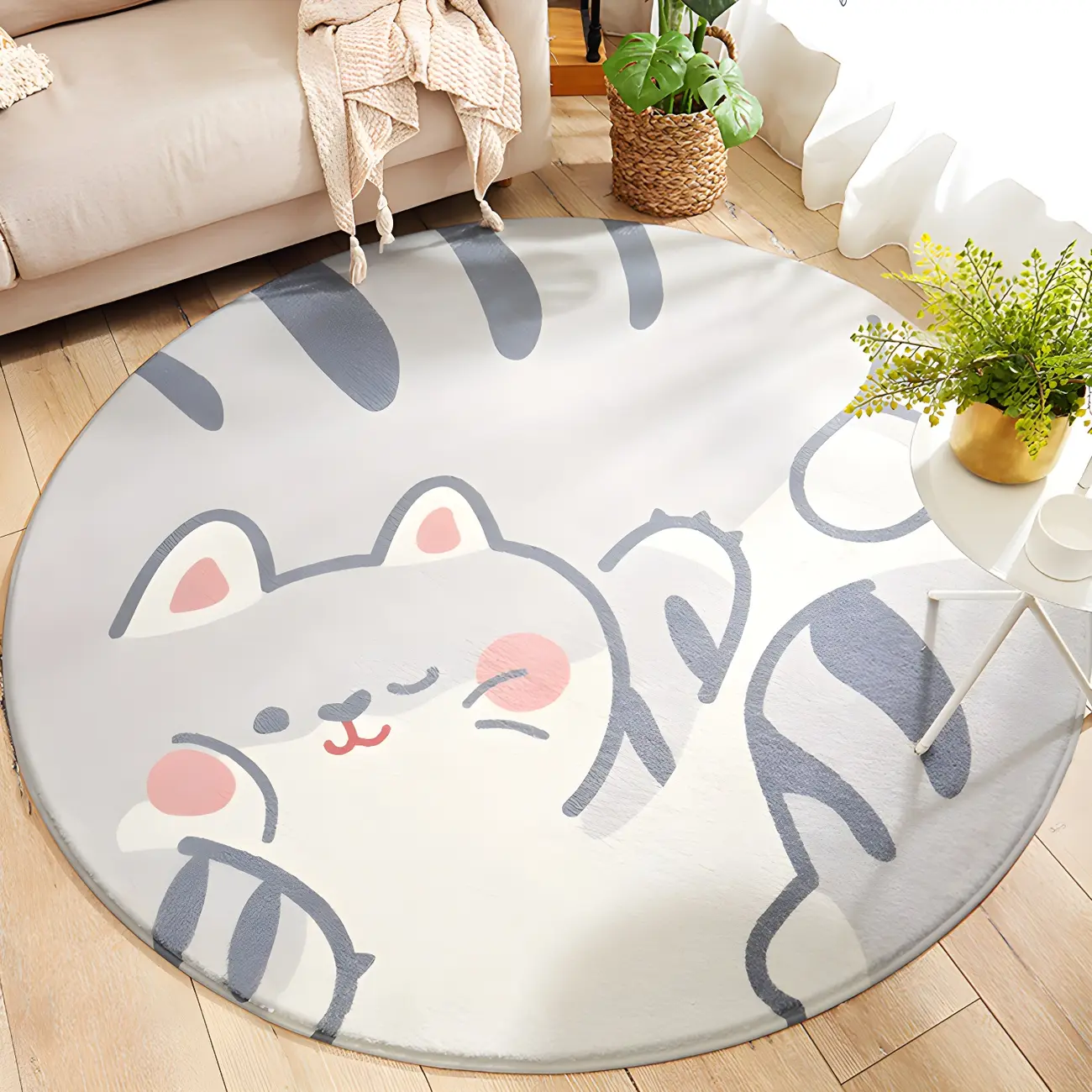 Light Orange/Grey Polyester Cat Pattern Area Rug for Kids Room Image - 2 | homeyfad