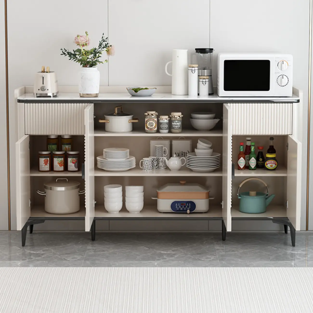 Modern White Sideboard Cabinet with Stone Top and Shelves Image - 6 | homeyfad