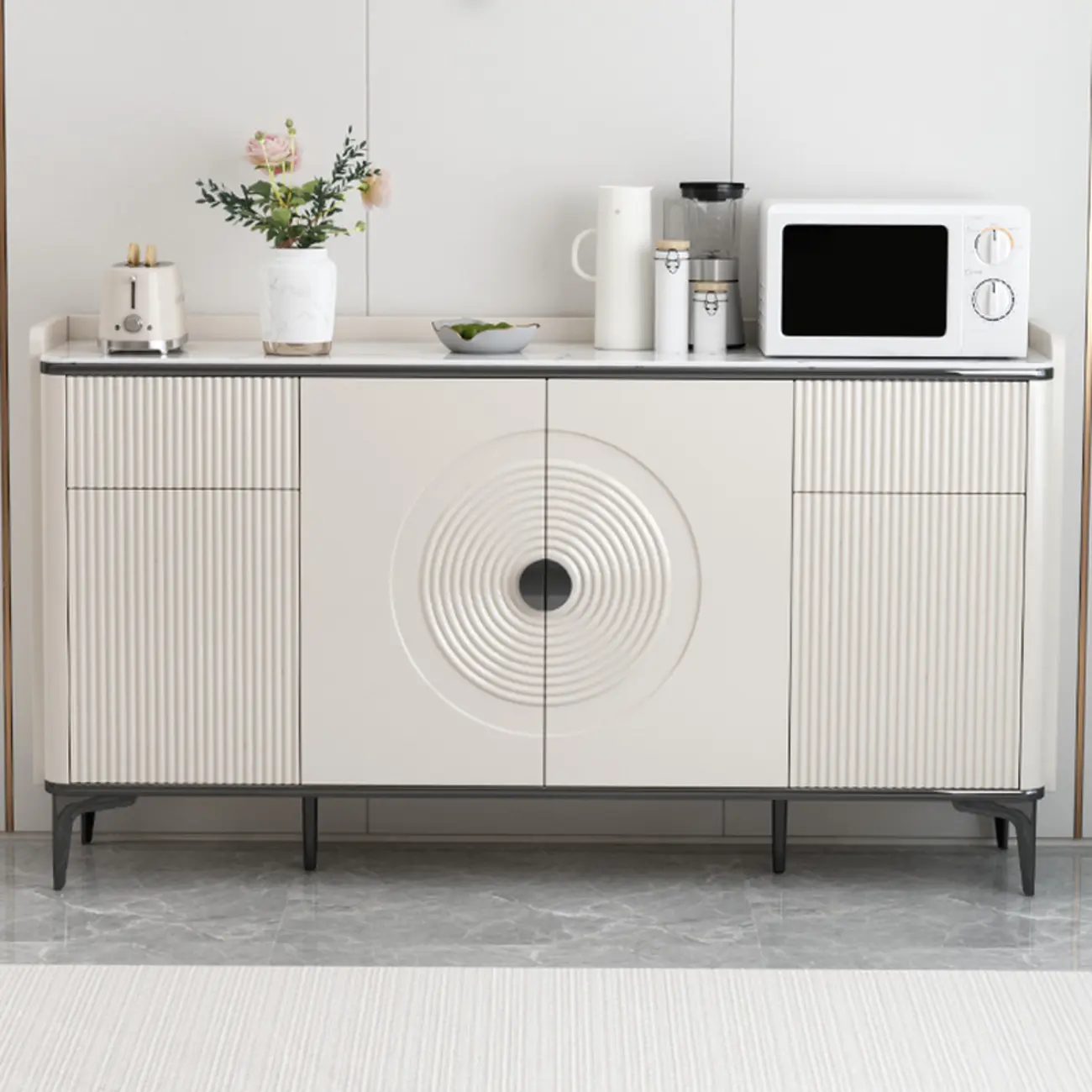 Modern White Sideboard Cabinet with Stone Top and Shelves Image - 7 | homeyfad