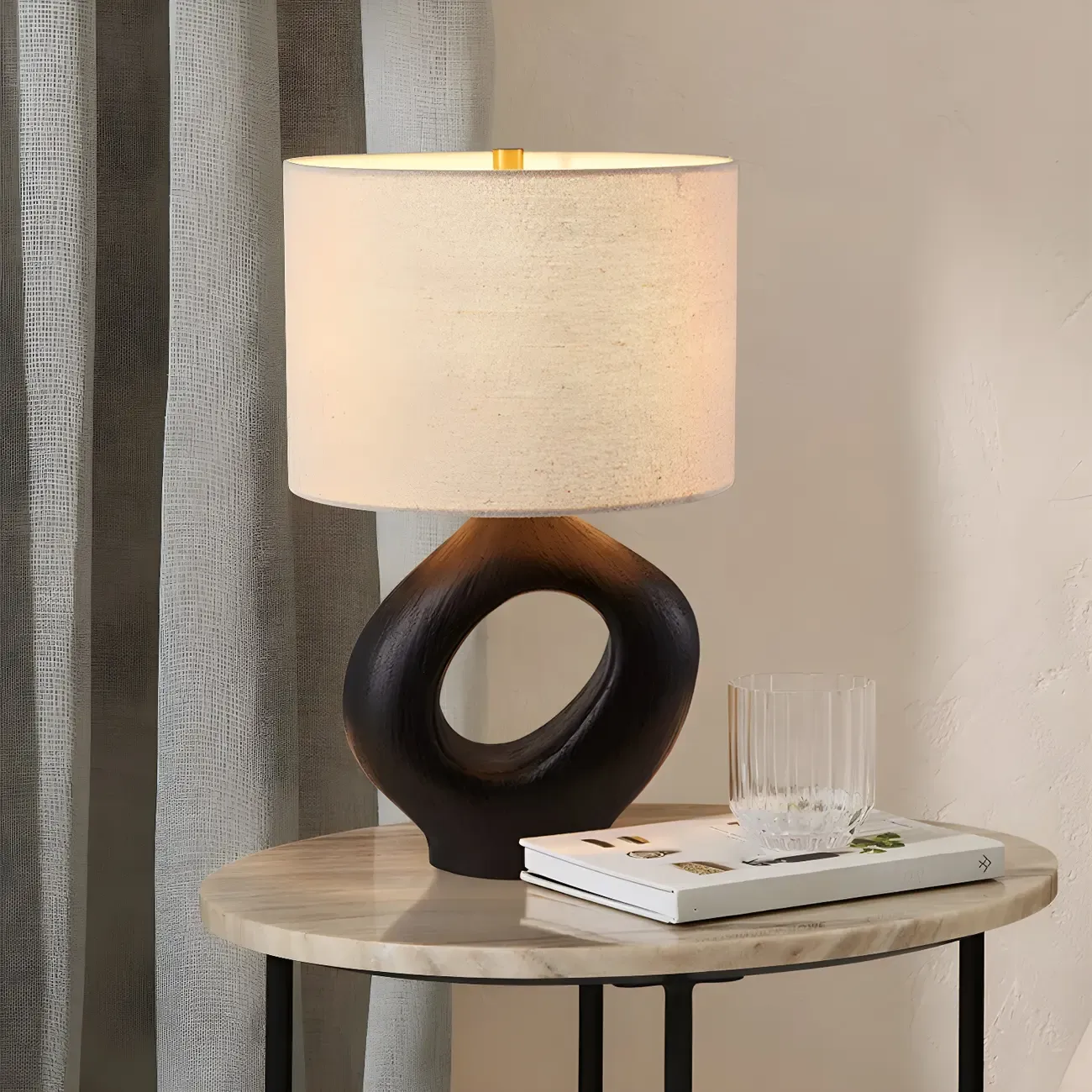 Art Deco Cylinder Shade Resin Base Table Lamp for Bedroom Image - 18