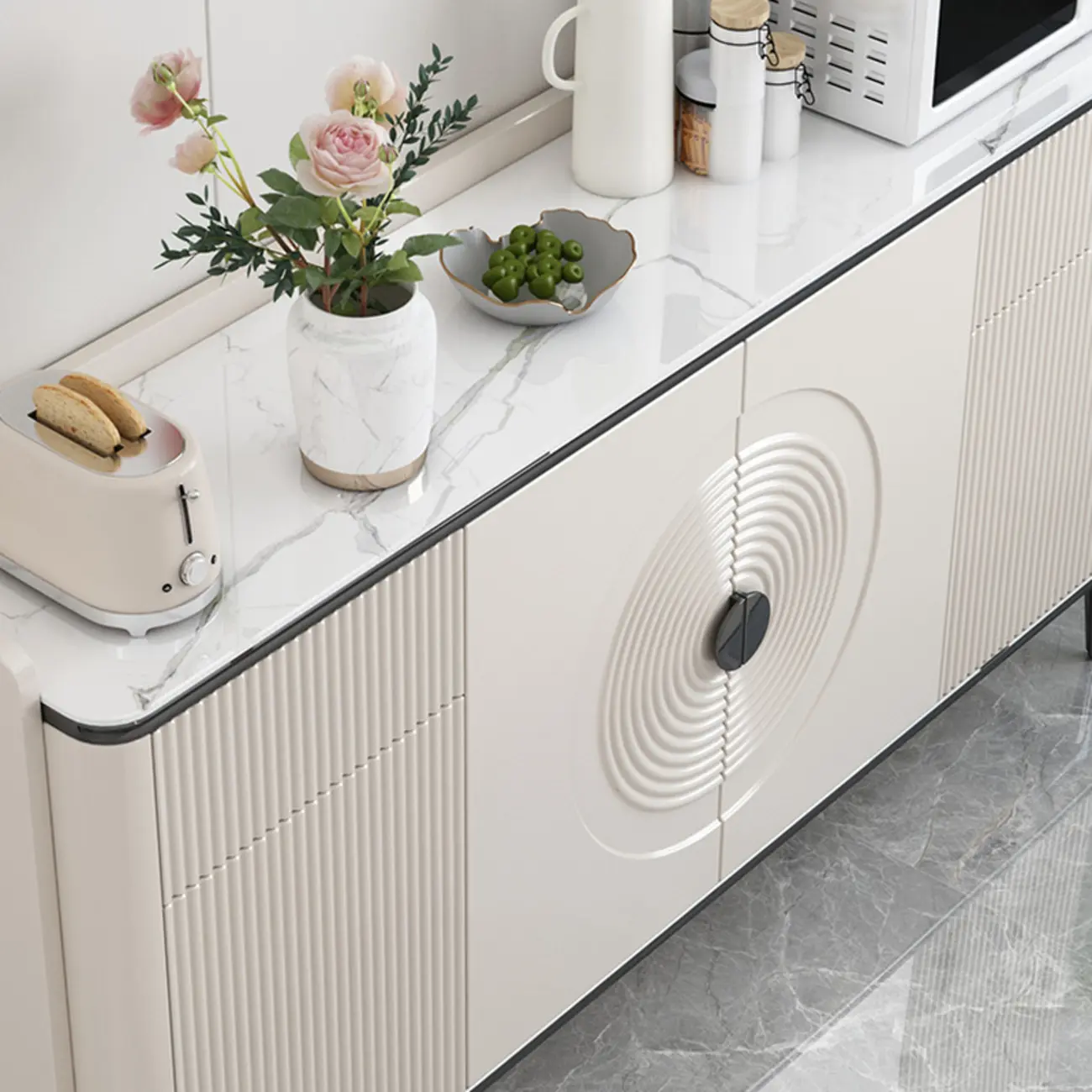 Modern White Sideboard Cabinet with Stone Top and Shelves Image - 13 | homeyfad