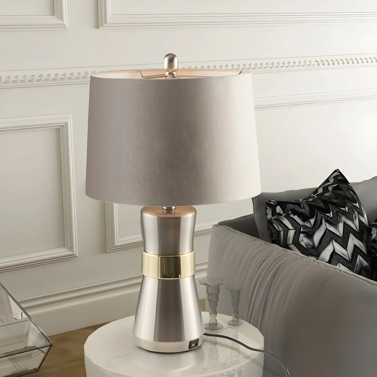 Sleek Nickel Barrel Table Lamp for Living Room Image - 1 | homeyfad