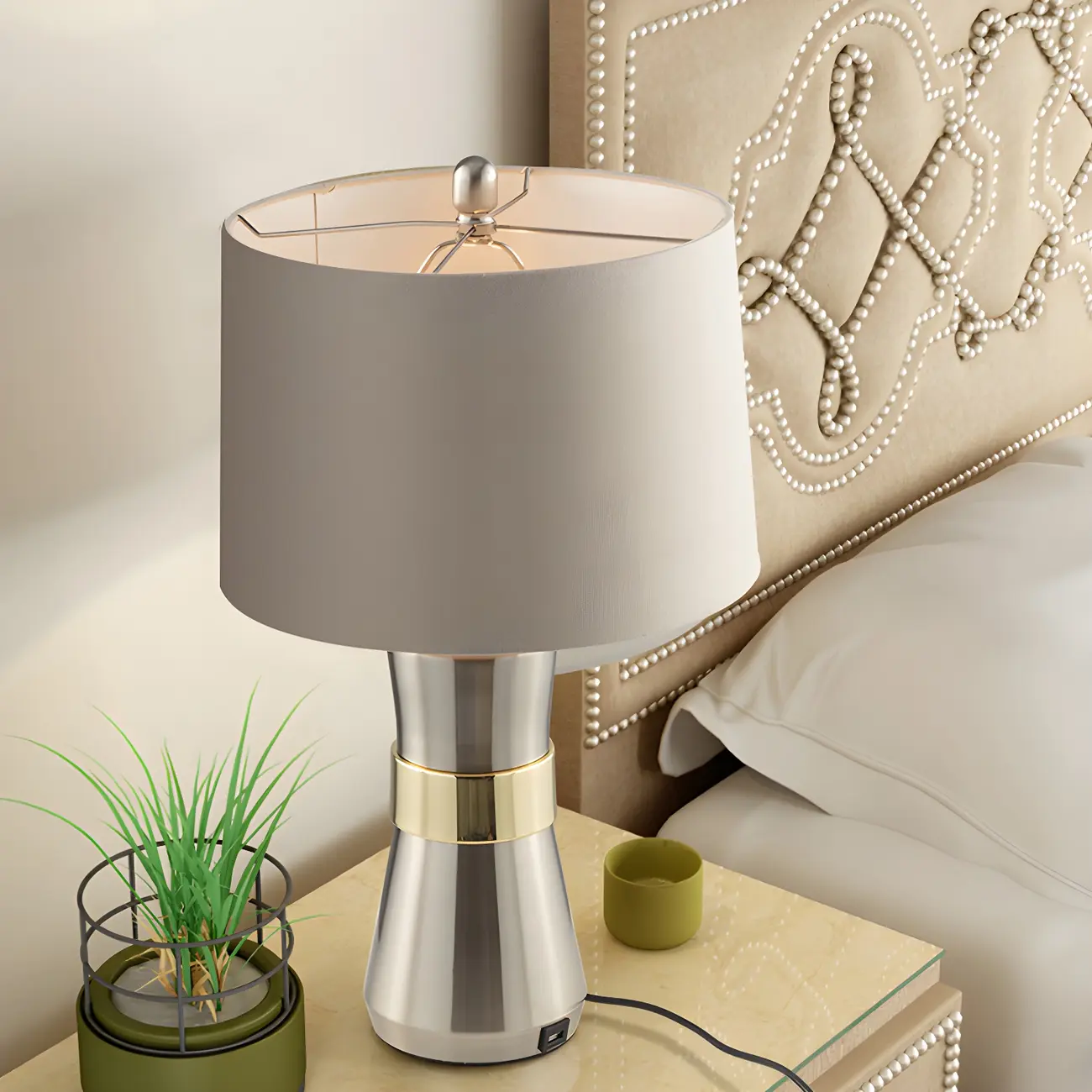 Sleek Nickel Barrel Table Lamp for Living Room Image - 2 | homeyfad