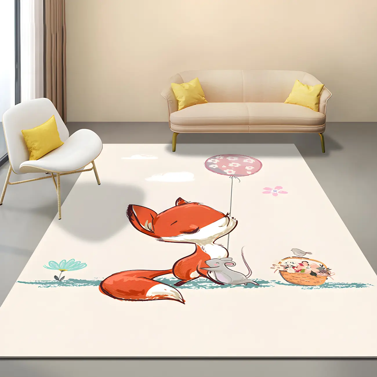 Kids Animal Polyester Rectangle Area Rug in Light Beige/Green Image - 1 | homeyfad