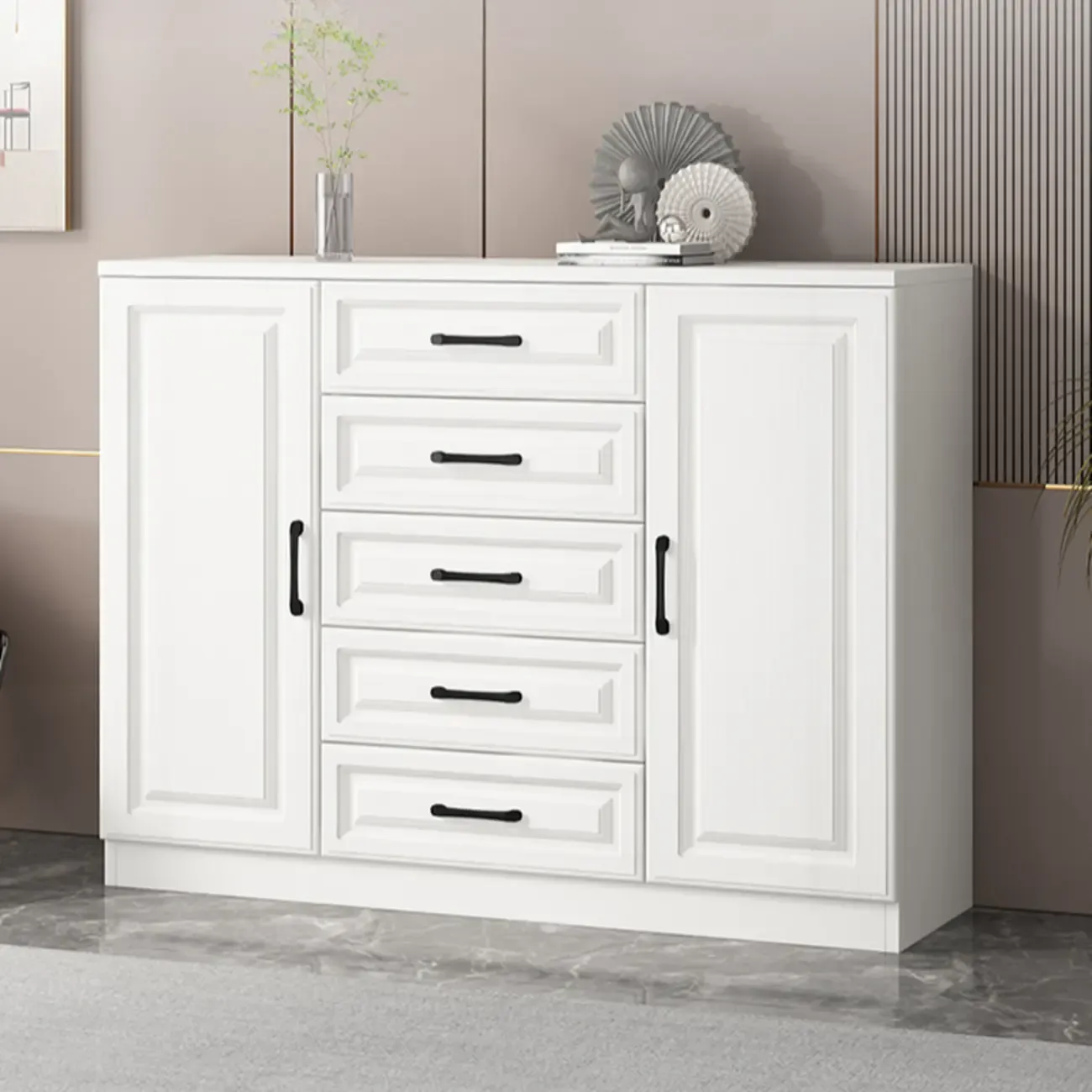 Freestanding White Wooden Cabinet with Drawers & Doors Image - 1
