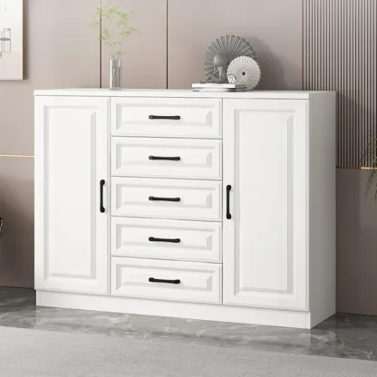 Freestanding White Wooden Cabinet with Drawers & Doors Image - 1