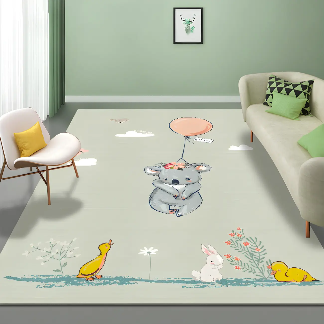 Kids Animal Polyester Rectangle Area Rug in Light Beige/Green Image - 2 | homeyfad