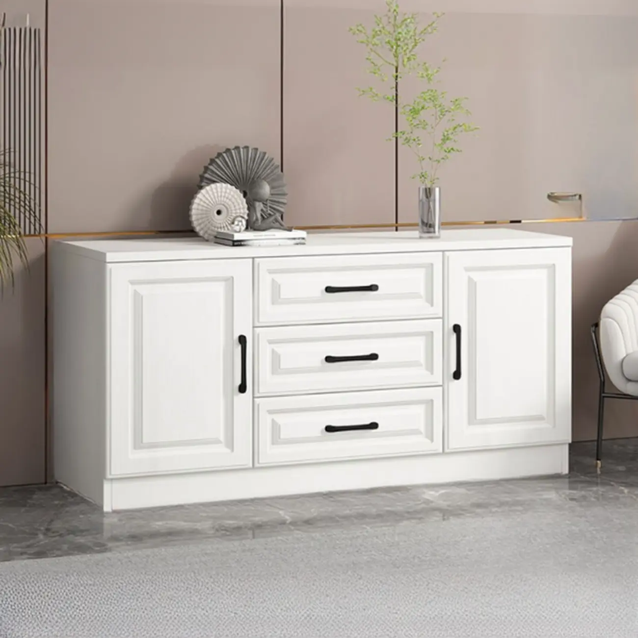 Freestanding White Wooden Cabinet with Drawers & Doors Image - 2 | homeyfad