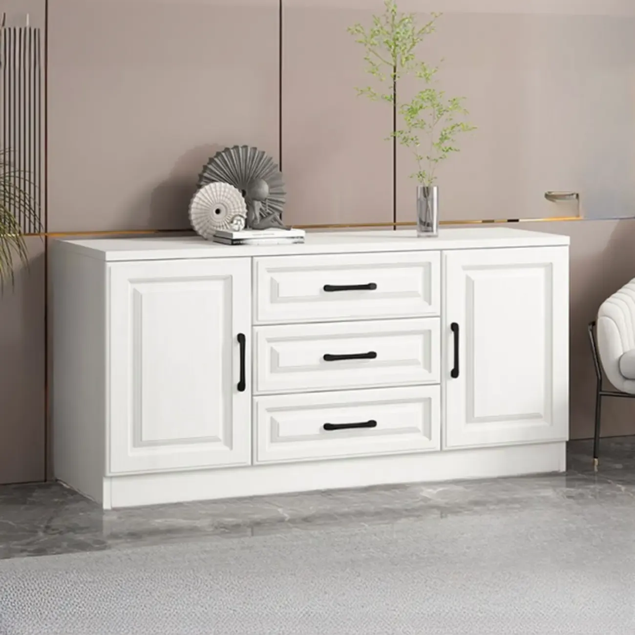 Freestanding White Wooden Cabinet with Drawers & Doors Image - 2