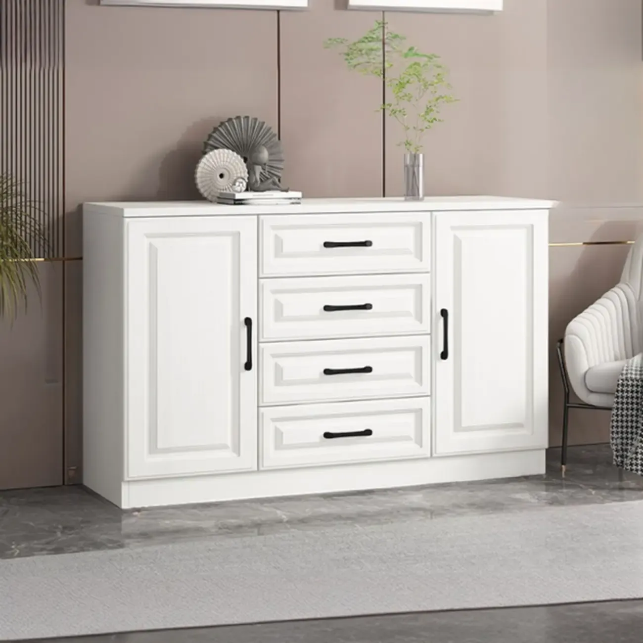 Freestanding White Wooden Cabinet with Drawers & Doors Image - 3