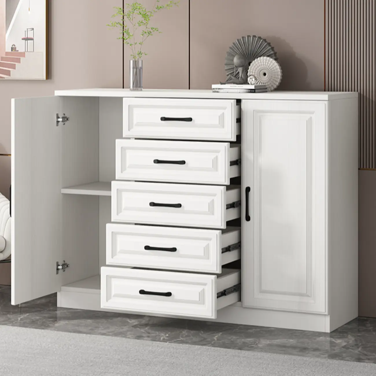 Freestanding White Wooden Cabinet with Drawers & Doors Image - 4 | homeyfad