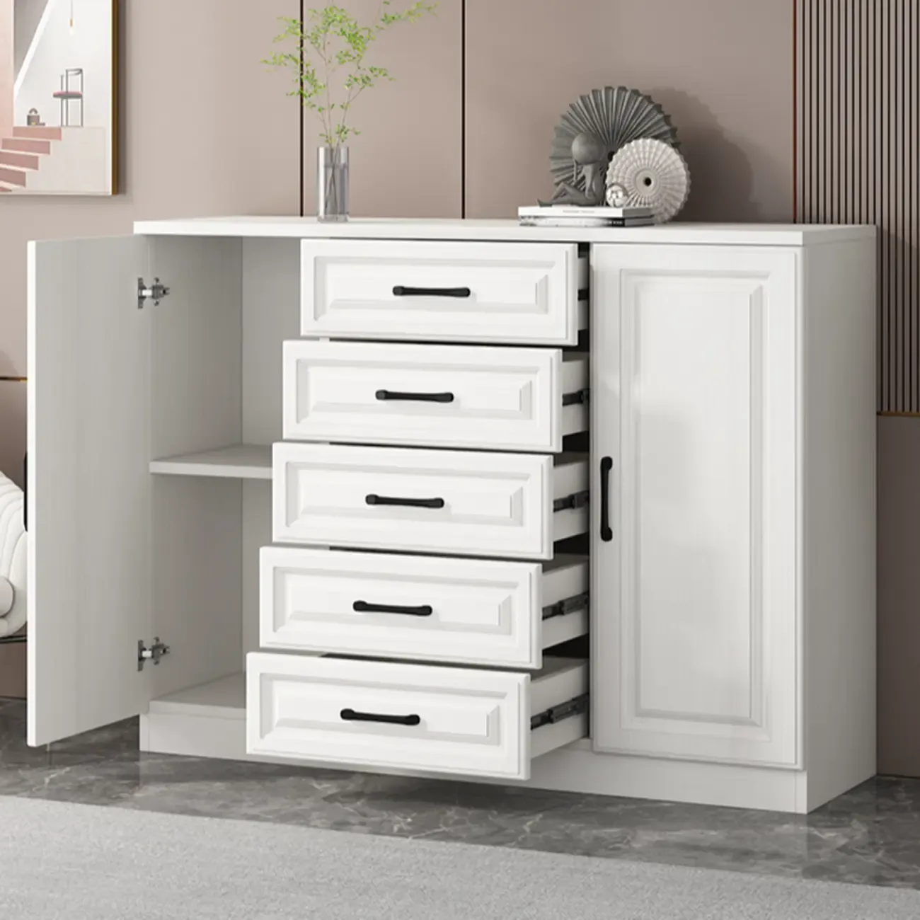 Freestanding White Wooden Cabinet with Drawers & Doors Image - 4