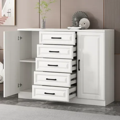 Freestanding White Wooden Cabinet with Drawers & Doors Image - 4