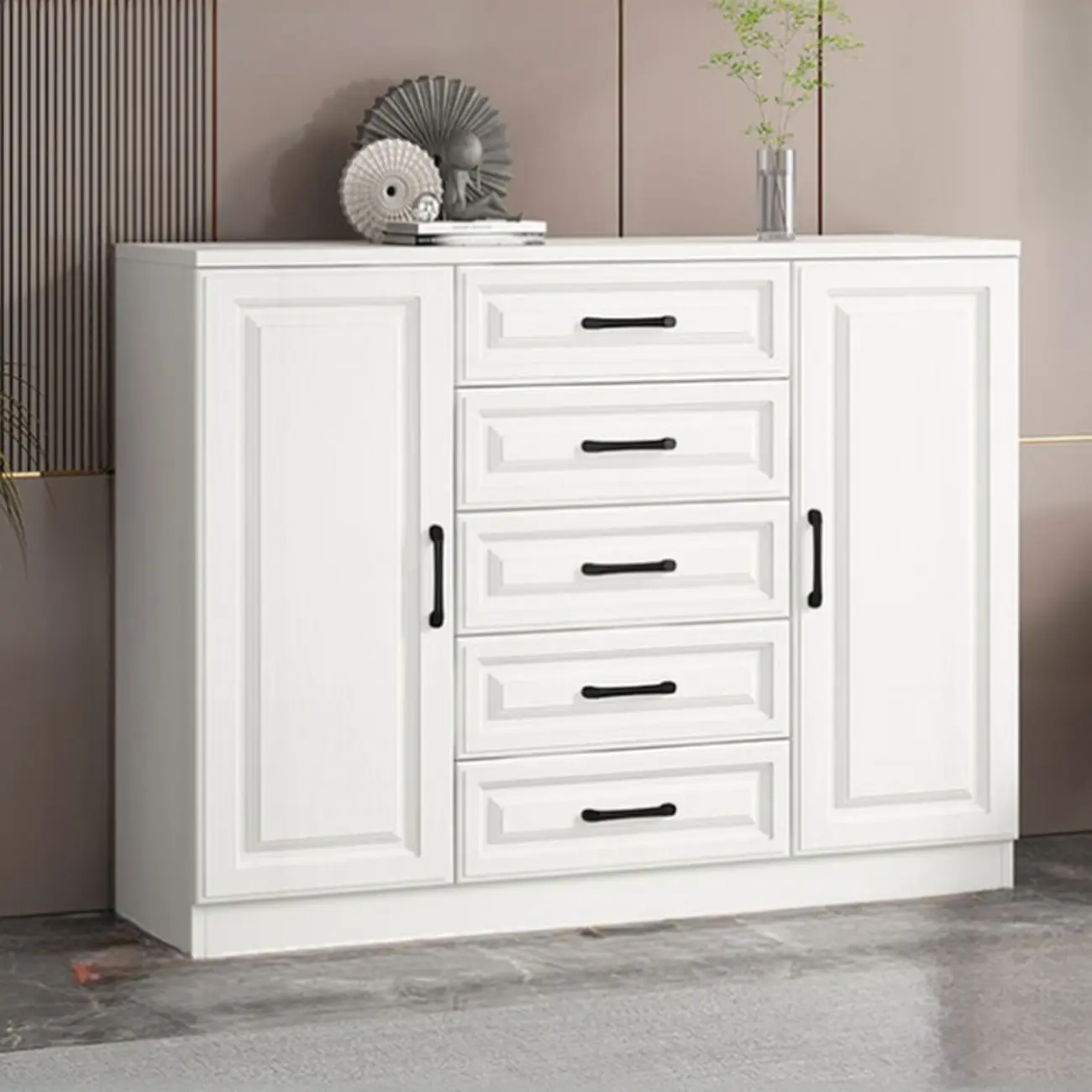 Freestanding White Wooden Cabinet with Drawers & Doors Image - 5 | homeyfad